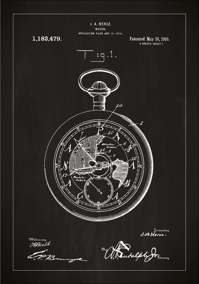 Dessin de brevet - Montre de poche - Noir Poster