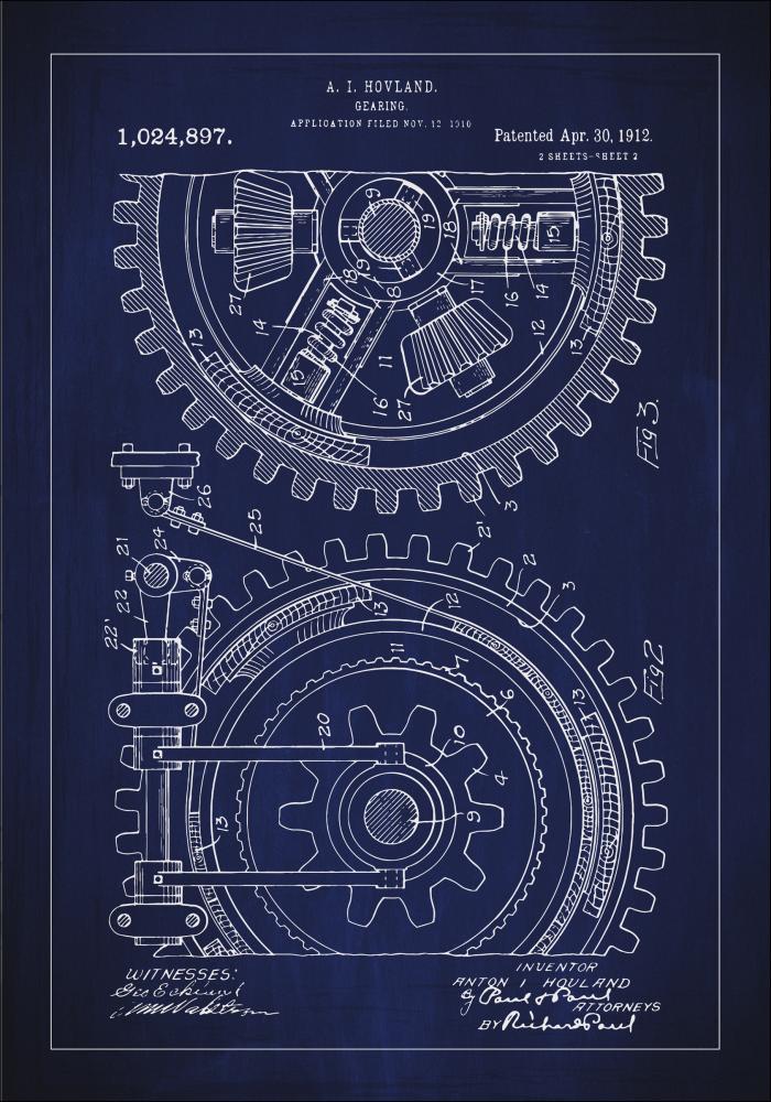 Dessin de brevet - Engrenage - Bleu Poster