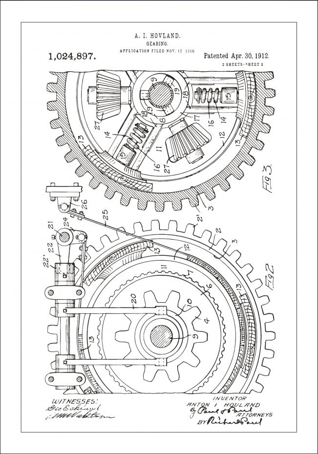 Dessin de brevet - Engrenage - Blanc Poster