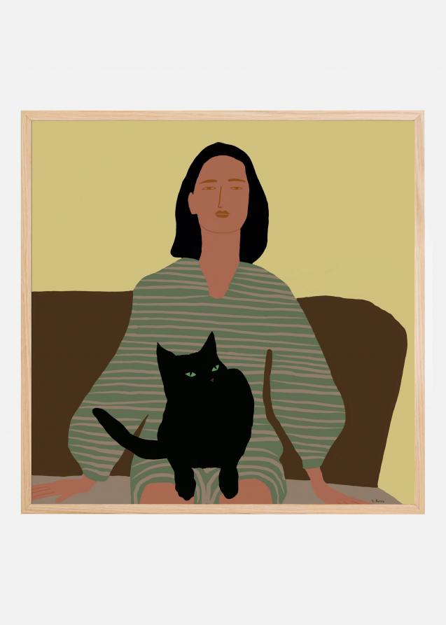 Lady sitting with black cat Poster