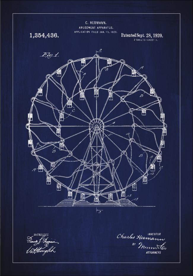 Dessin de brevet - Grande roue - Bleu Poster