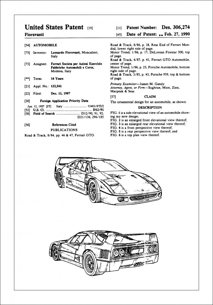 Dessin de brevet - Ferrari F40 I Poster