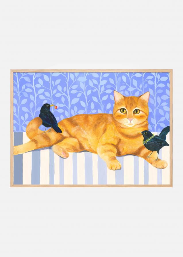 Ginger Cat and Blackbirds Poster