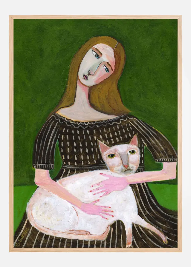 vintage lady with white cat Poster