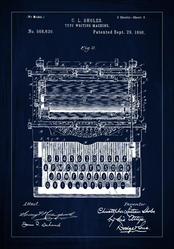 Dessin de brevet - Machine à écrire - Bleu Poster
