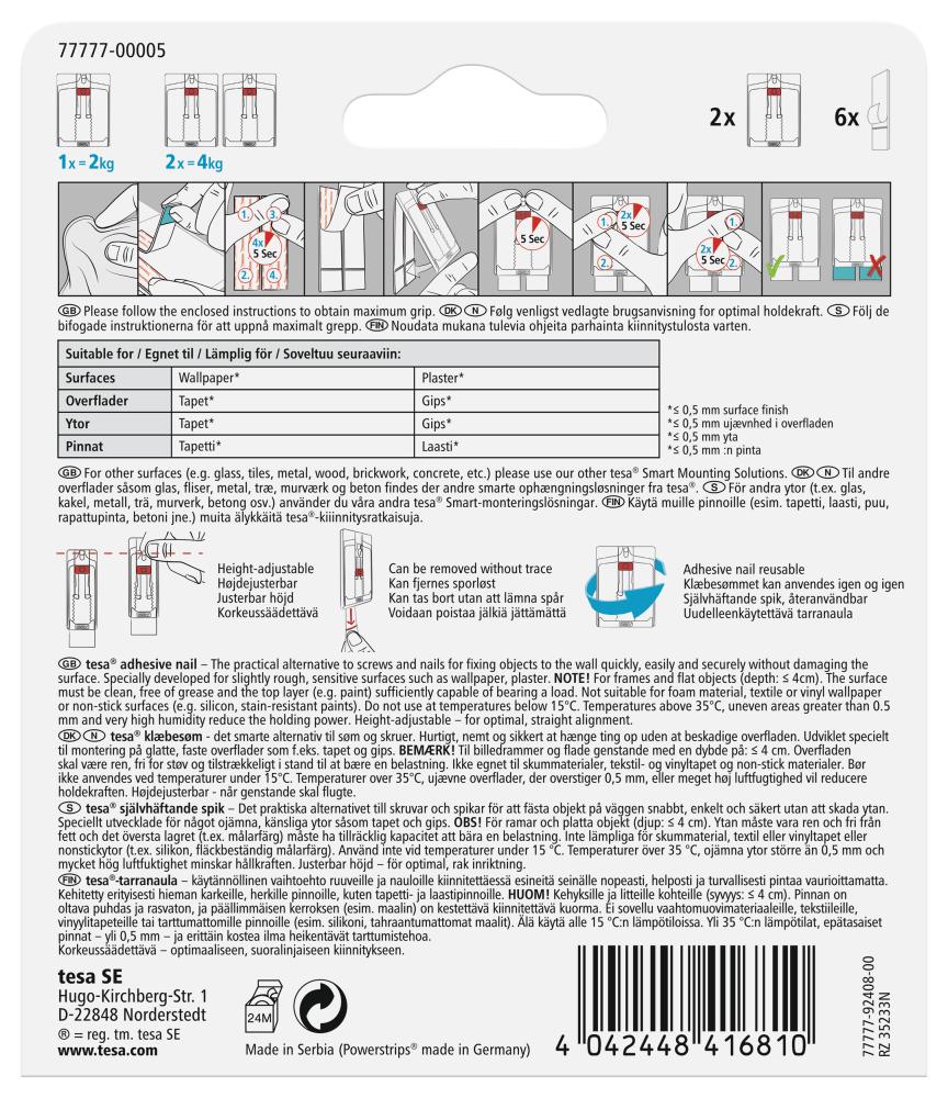 Tesa - Clou autocollant réglable pour tous types de murs (max 2x2kg)