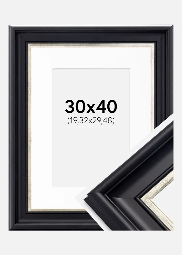 Cadre Dalarna Noir-Argent 30x40 cm - Passe-partout Blanc 8x12 inches