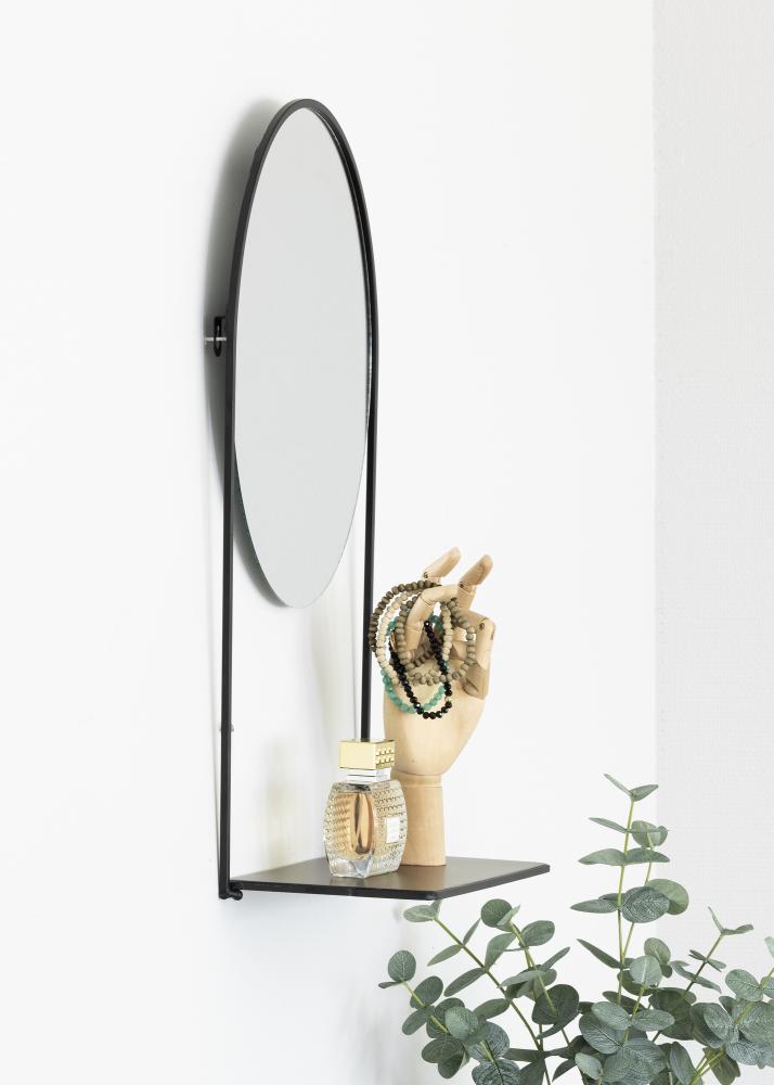 KAILA Miroir rond avec étagère - Noir 35x55 cm