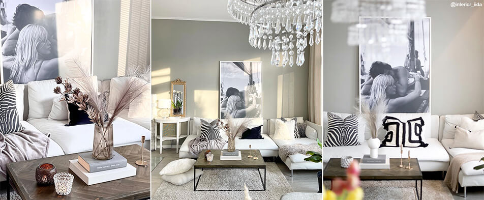 Grand cadre photo blanc avec photo en noir et blanc dans salon lumineux