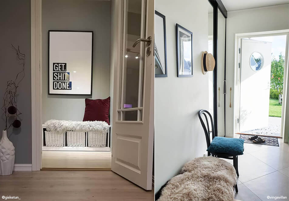 Décoration du hall - banc avec rangement, chaise noire et tableaux