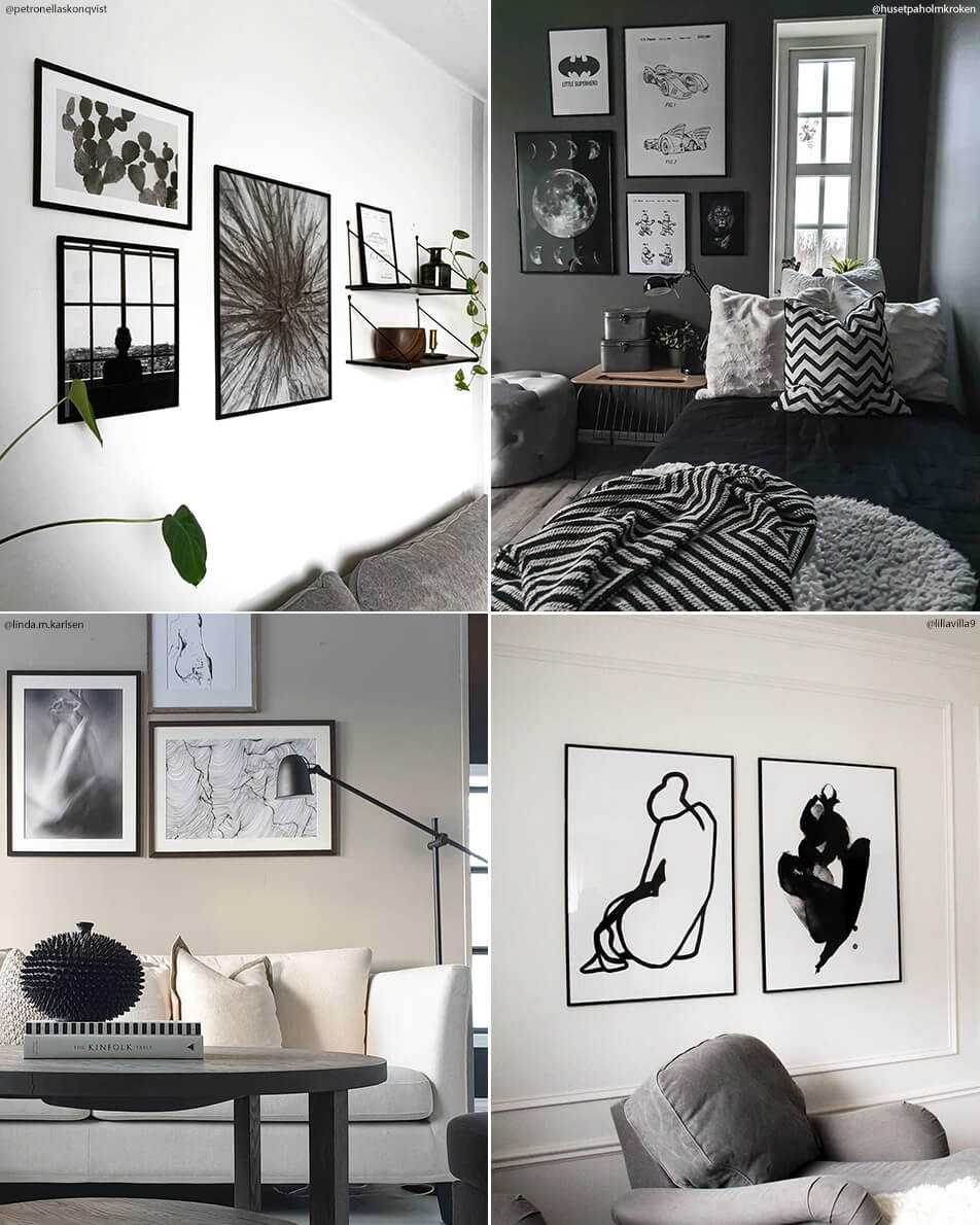 Images de salon et chambre avec murs d'images et posters en noir et blanc